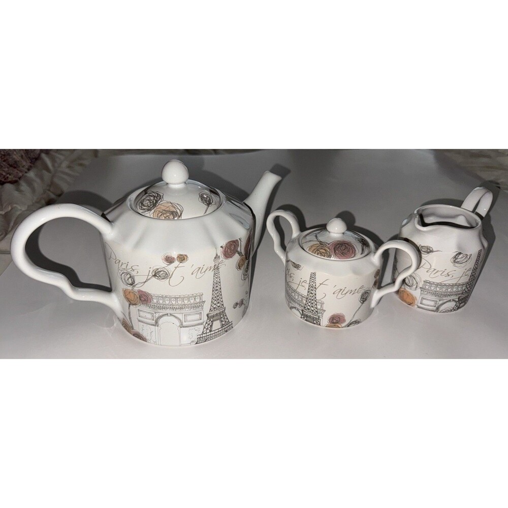 222 Fifth Lissome Paris Eiffel Tower Teapot Set Cream/Sugar Pristine Unused Cond